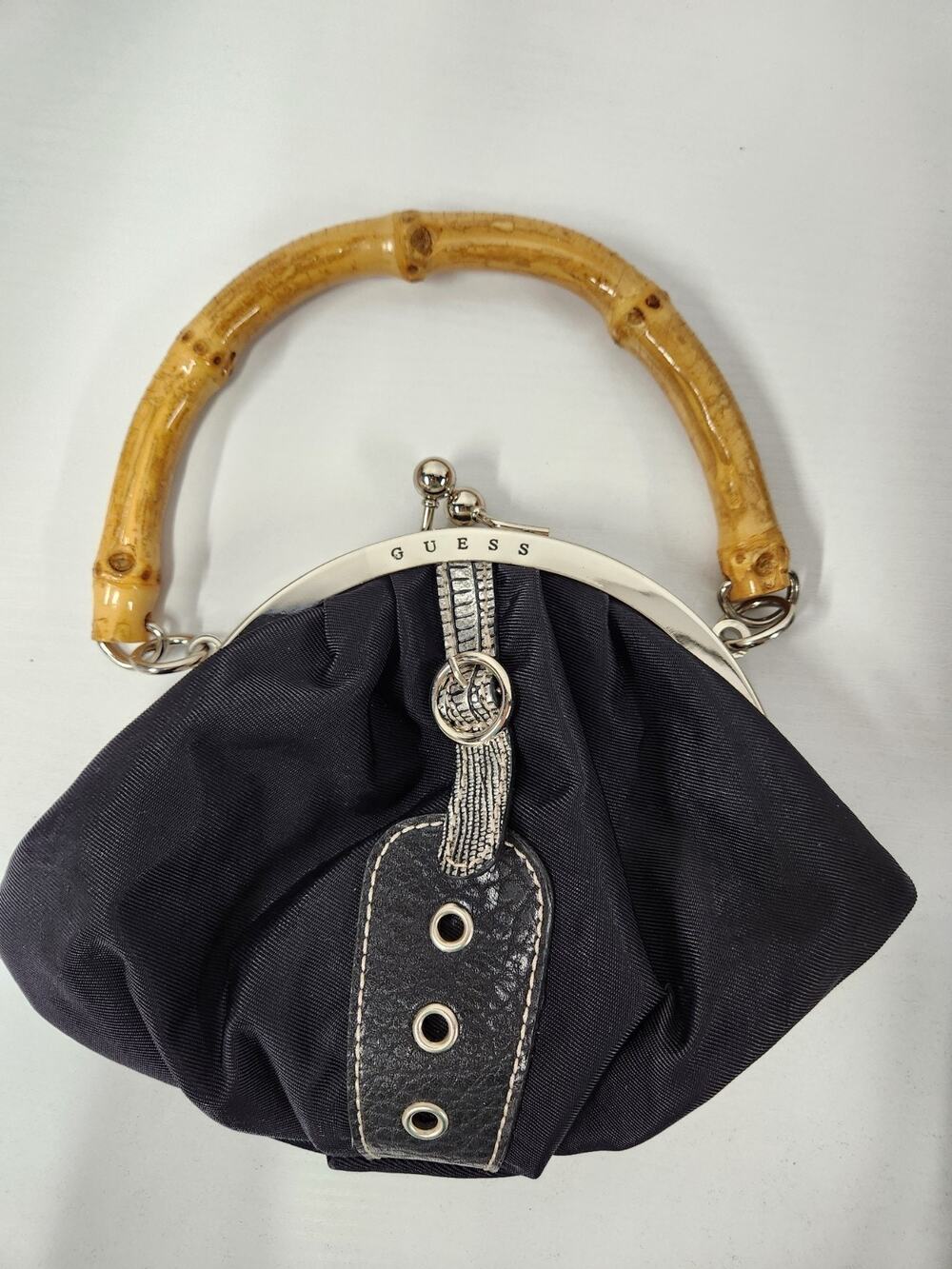 Guess Nikita Mini Bamboo Handle Black Purse/Handbag With Kiss Lock Closure Y2K